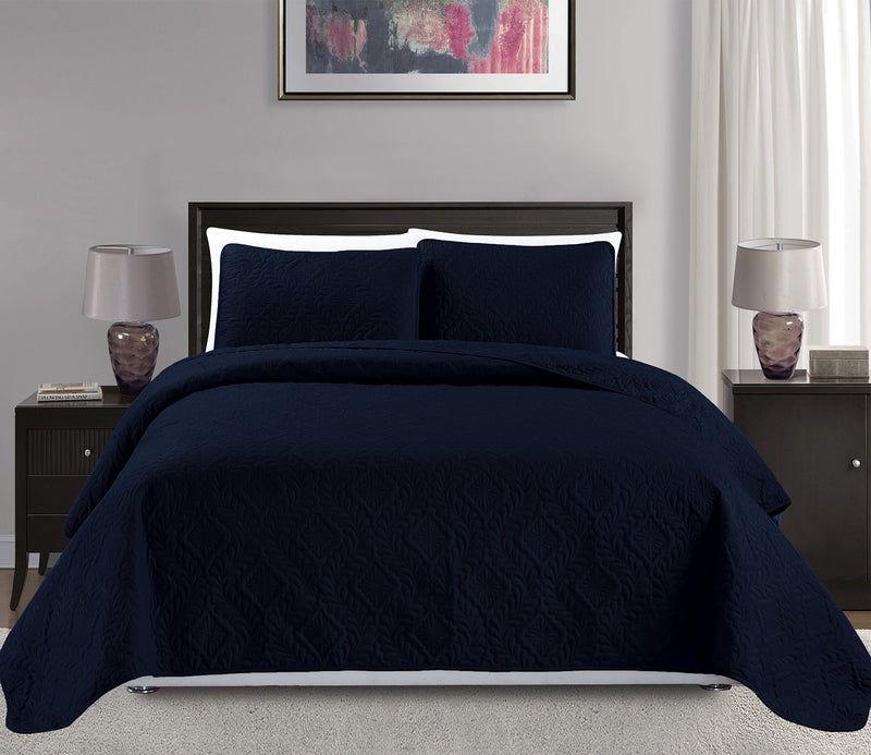 MK Home مجموعة Mk لحجم الملك/الملكة غطاء سرير بحجم 100"x106" 3 قطع مزخرف بلون أزرق داكن جديد - Image 1